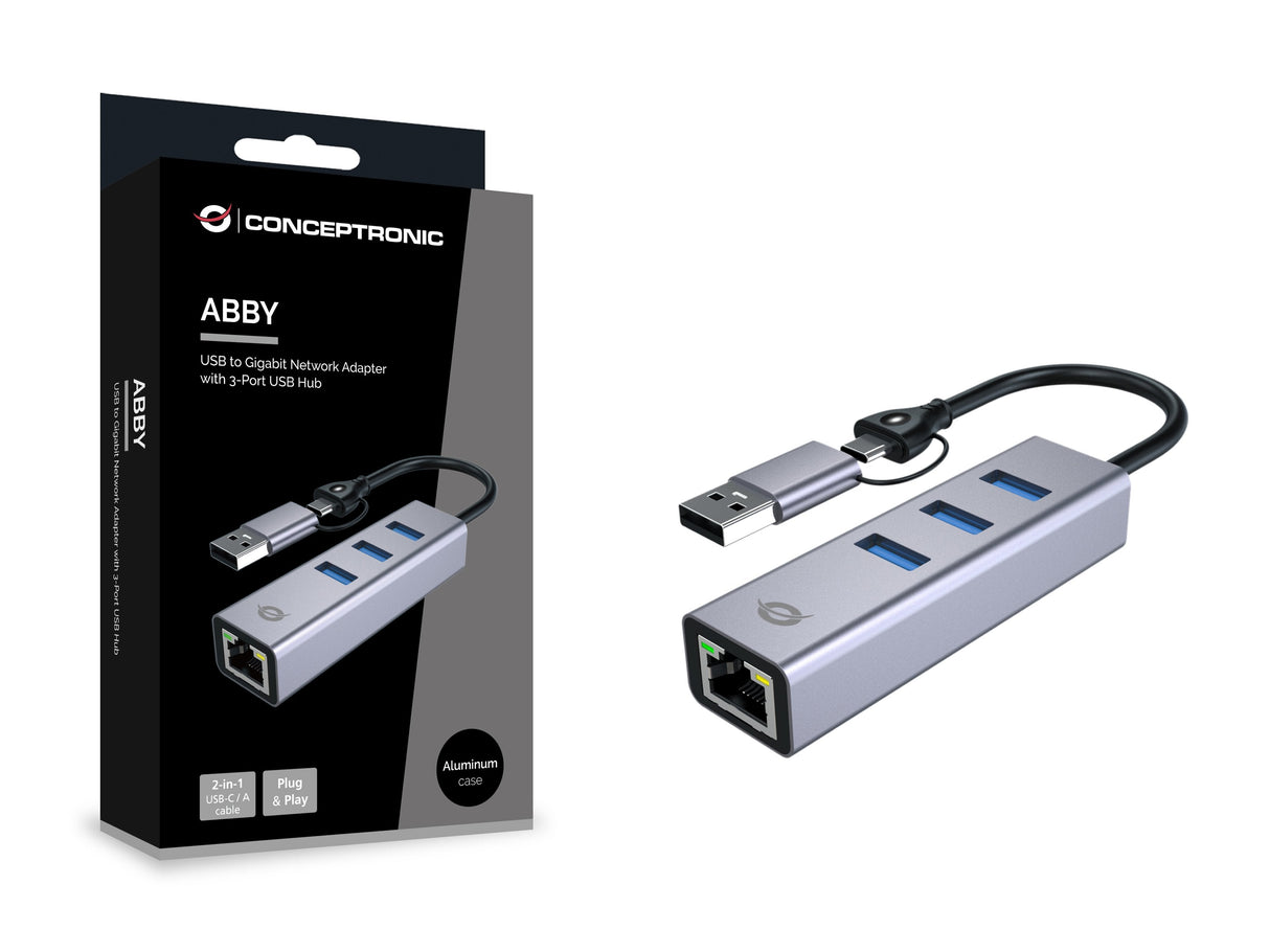 Adaptador Usb-C/Usb-A Ethernet Rj45 Conceptornic Abby25f Con Hub Usb 3,2 X3 Puertos