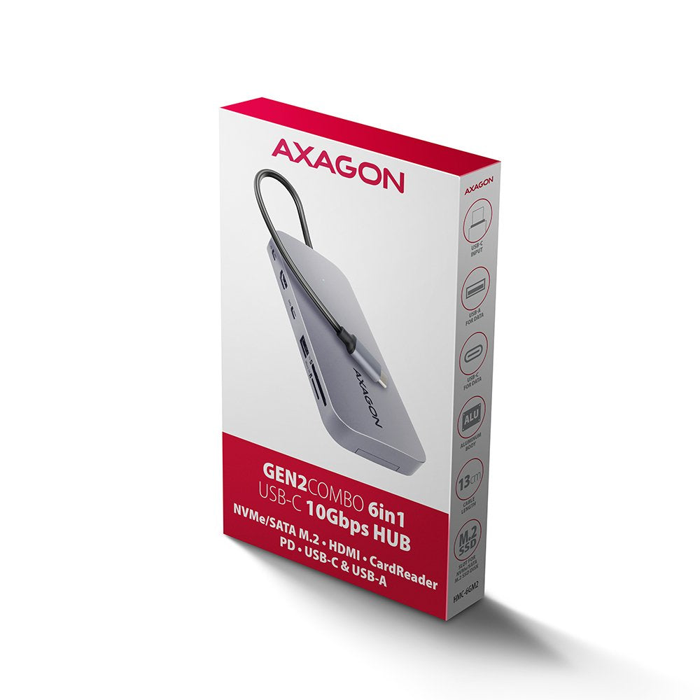 Hub Axagon Hmc-6gm2 Multiport Usb-C 3.1, M.2-Nvme/Sata, Hdmi, Gbit-Lan, 1x Usb-A, 1x Usb-C, Cr