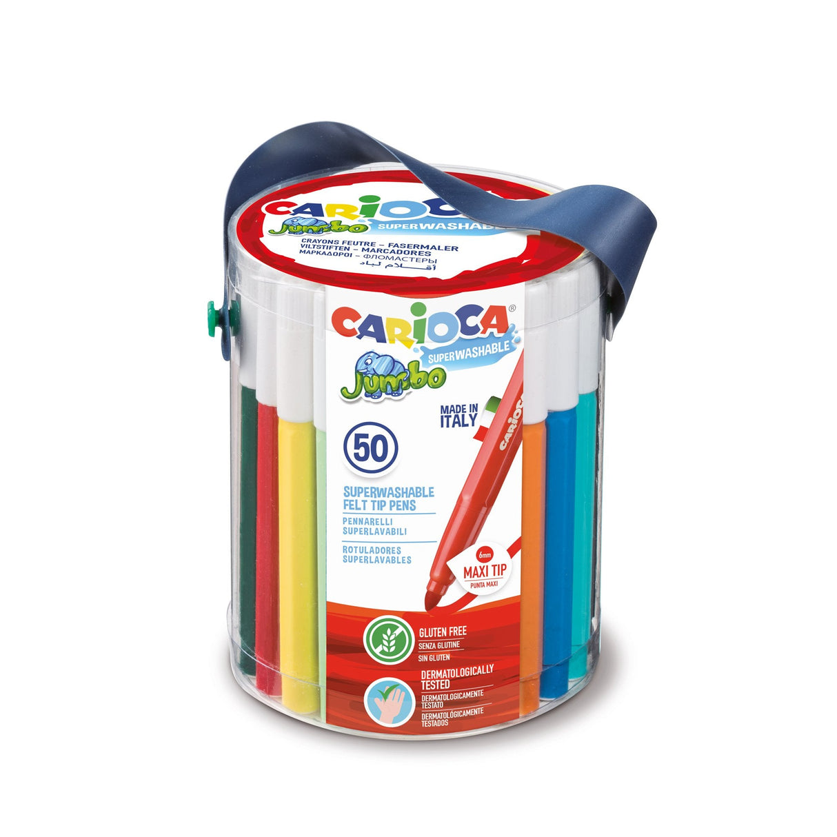 Carioca Jumbo Pack De 50 Rotuladores - Cuerpo Octogonal Maxi - Tinta Superlavable - Punta Maxi 6mm Bloqueada - Tapa