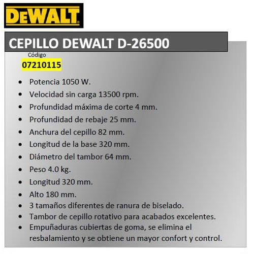 Dewalt 07210115 Cepillo Eléctrico Manual Amarillo/Negro, 220 Mm, 230 Mm, 400 Mm, 5,6 Kg