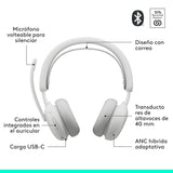 Auriculares Logitech Zone Wireless 2 Inalámbricos Bluetooth Con Cancelación De Ruido Blanco Crudo