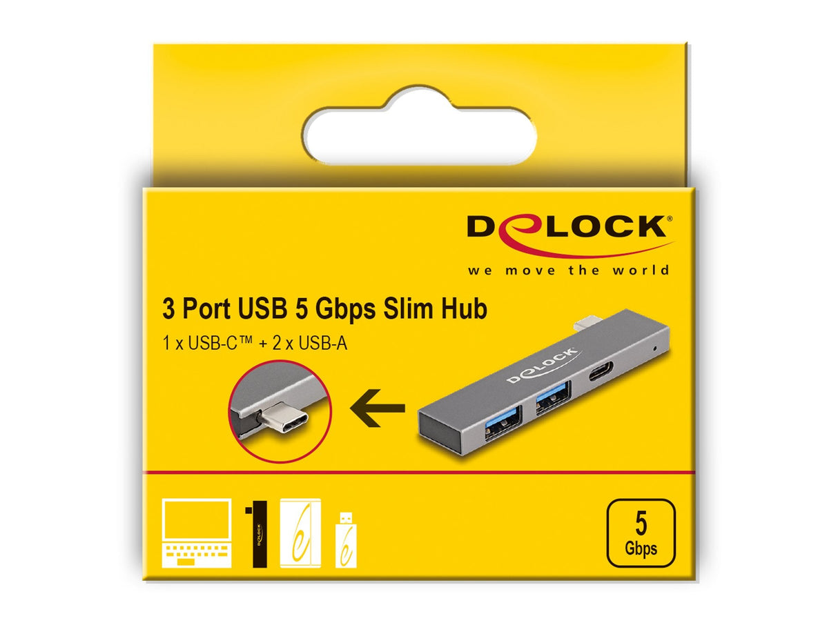 Delock 3 Port Slim Usb Hub Con Usb Tipo-C A 1 X Usb 5 Gbps Usb Tipo-C