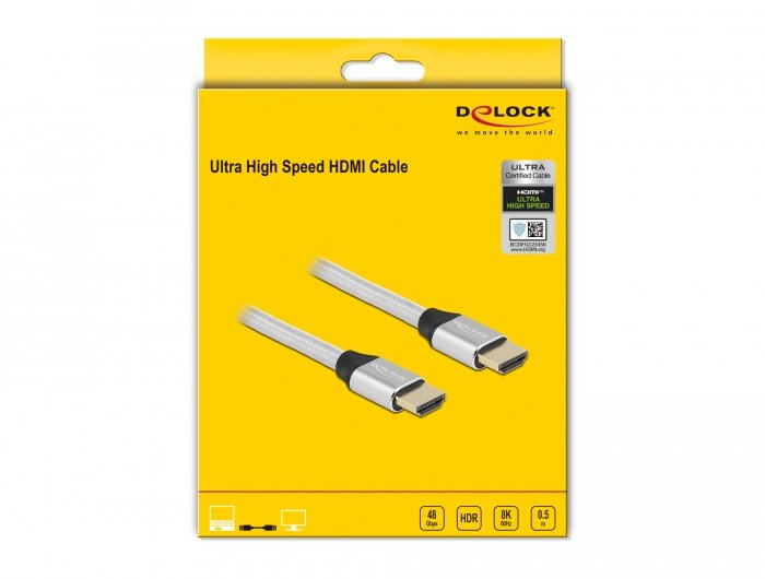 Cable Delock 85365  Hdmi 0,5 M Hdmi Tipo A (Estándar) Plata Plateado, 0,5 M, Hdmi Tipo A (Estándar), Hdmi Tipo A (Estándar), 3d, 48 Gbit/S, Plata