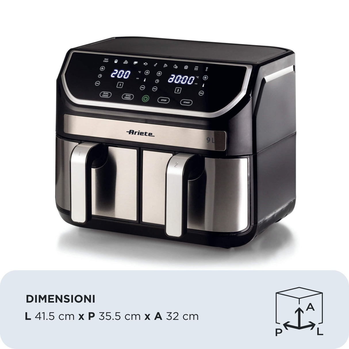EAN 8003705121386 - Ariete 4625/00 Doble 9 L Independiente 2100 W Freidora de aire caliente Negro, Acero inoxidable imagen 2