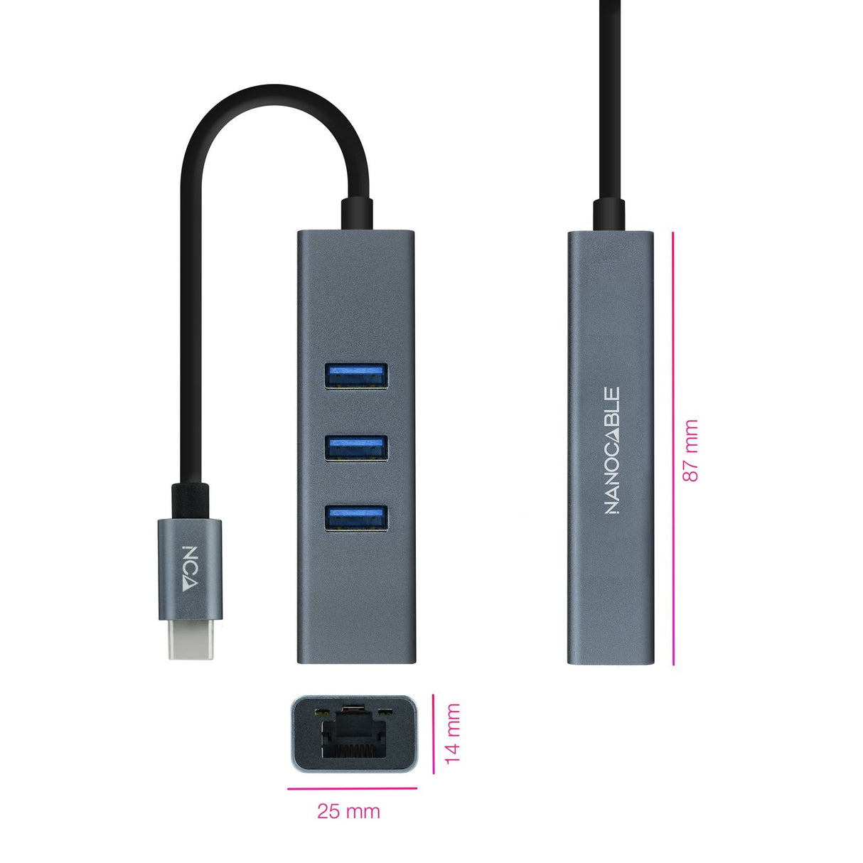 Nanocable Adaptador De Red Usb-C A Ethernet Gigabit 10/100/1000 Mbps + 3 Puertos Usb 3.0