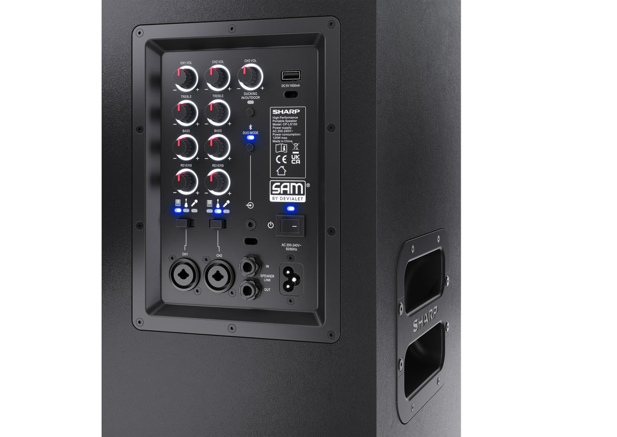 Sharp Cp-Ls100 Altavoz Portatil, 120w Rms / 105db, 10 Horas / 14.8v 5ah , 3 Canales Entrada/ Trs/Xlr (X 2)