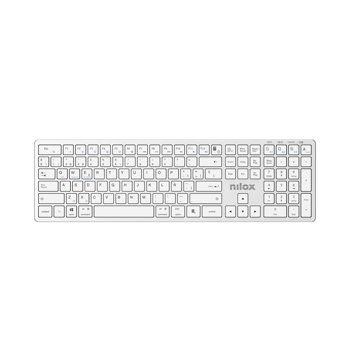 EAN 8431775136540 - Nilox PRO WIRELESS SILVER ESPANOL teclado Hogar / Oficina USB + Bluetooth QWERTY Español Blanco imagen 1