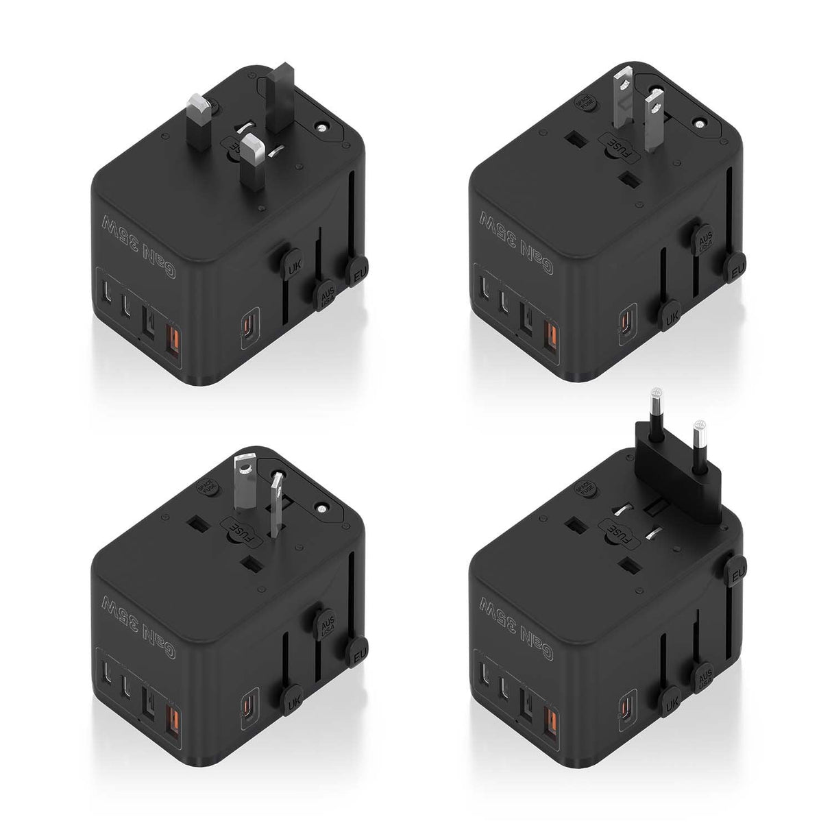 Aisens Adaptador Enchufe Universal Para Viaje Eu/Usa/Uk/Au Con Cargador Usb Gan, 2xusb-A (A1 Qc3.0), 3xusb-C (C1 Pd3.0) 35w, Negro