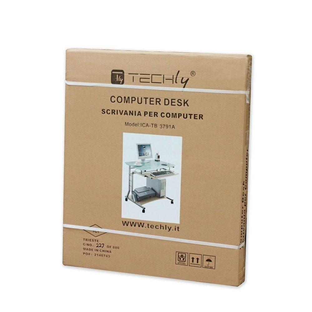 Techly Escritorio Compacto Para Pc De Metal Y Cristal Con Ruedas