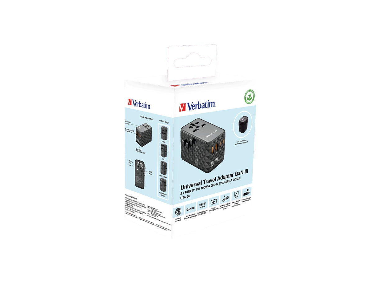 Cargador De Pared Universal Verbatim Uta-06 Gan Iii Toma De Corriente Universal 2xusb Tipo-C 2xusb 100w