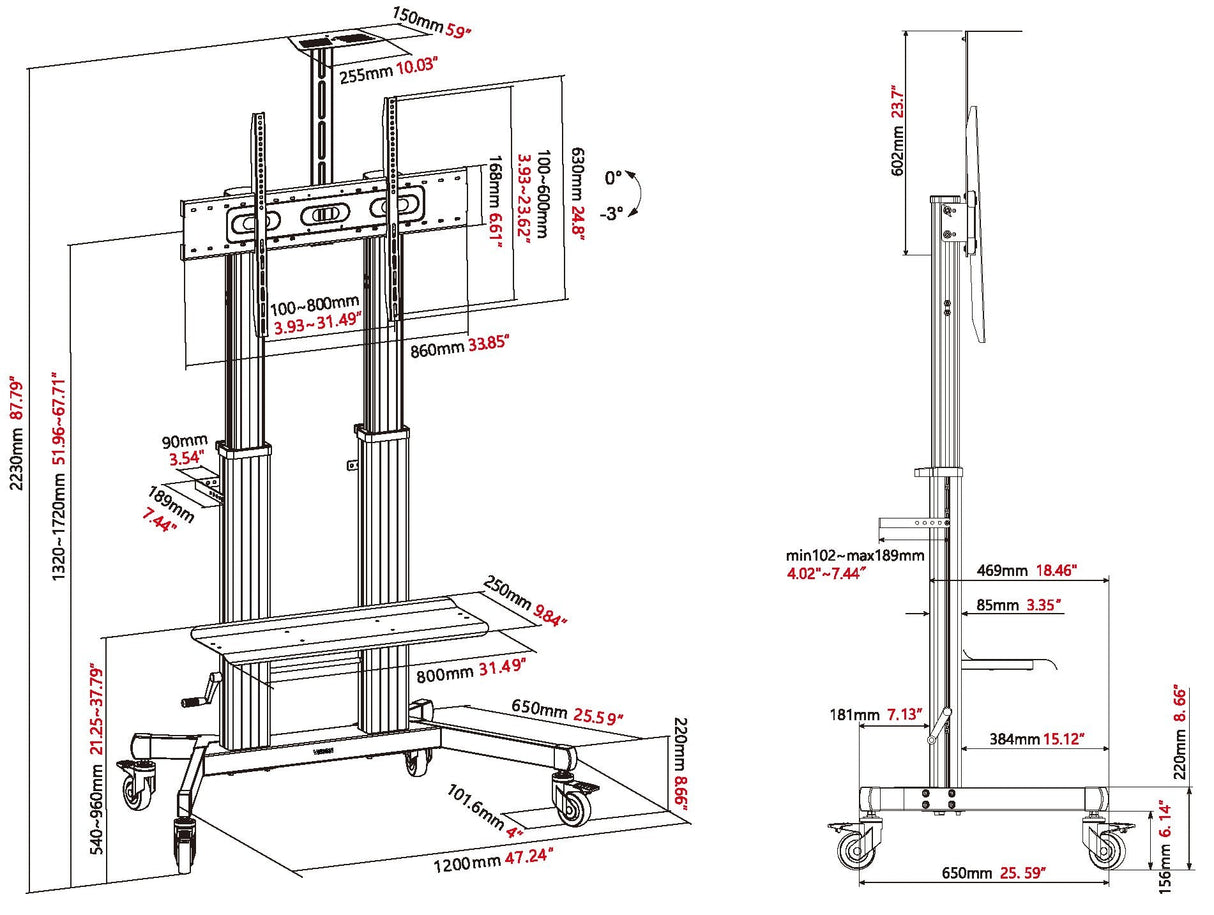 Vision X-Series Vfm-F27 Carrito Altura Ajustable Para Pantalla Lcd Acero Aluminio Negro Mate Tamaño De Pantalla: 55"-100"