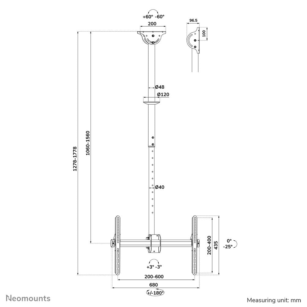 Soporte Techo Neomounts Deh 37"-70" 1tft 1gelenk H:106-156cm Máx.50 Schwa