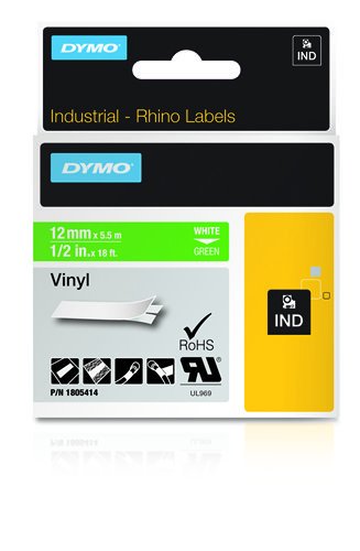Dymo Rhino Cinta De Etiquetas Industrial Adhesiva Id1-12, Blanco Sobre Verde De 12mmx5´5m, Vinilo