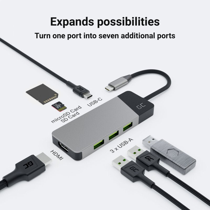Estación De Acoplamiento Green Cell Ak50, Adaptador, Hub Usb-C 7in1 (3xusb, Hdmi, Sd (4k, Dex))