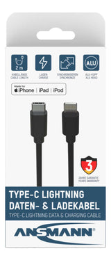 Cable Adaptador Usb 2.0 Ansmann, Conector Usb-C > Conector Lightning Negro, 2 Metros, Carga Con Hasta 60 Vatios 1700-0107