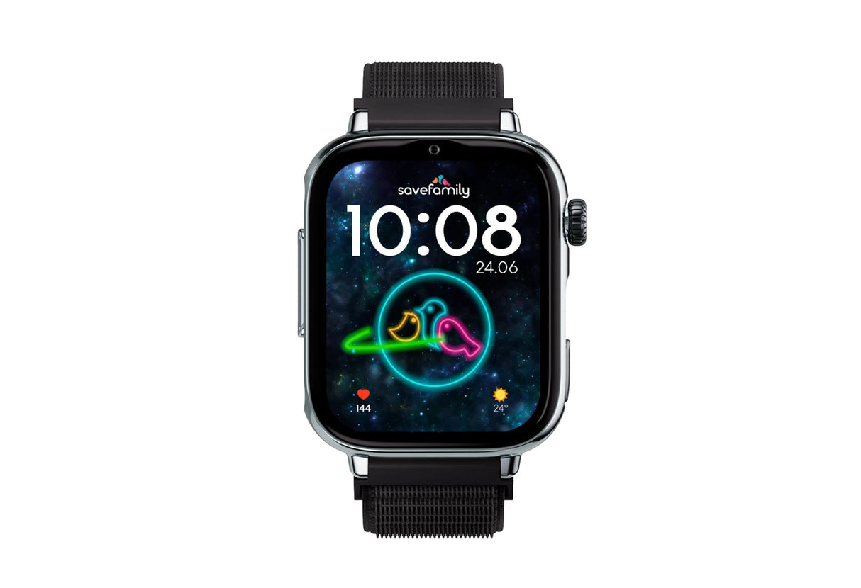 Savefamily Reloj Inteligente Infantil Savewatch Plus 2 - Pantalla Amoled - Carcasa Plateada - Correa Tela Negra