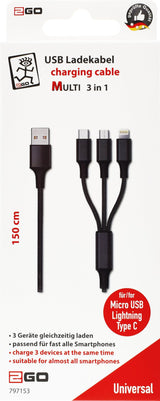 Cable De Carga Usb 2go 3 En 1 Negro 1,5 M -> Micro-Usb, Lightn. Tipo-C