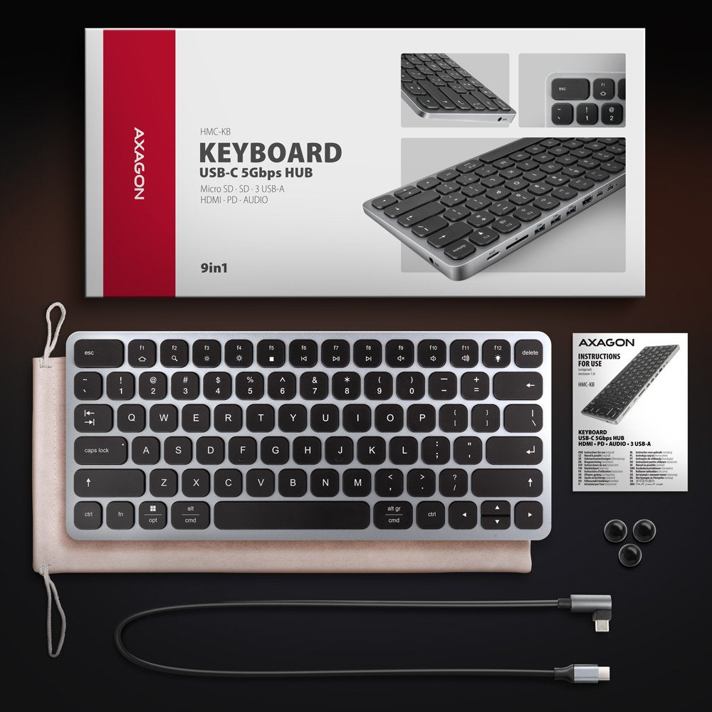 Teclado Ingles Axagon Hmc-Kb-Us Usb-C 5gbps Con Hub, Microsd/Sd, 3x Usb-A, Hdmi 4k/60hz, Pd 100w, Audio, Ee.Uu.