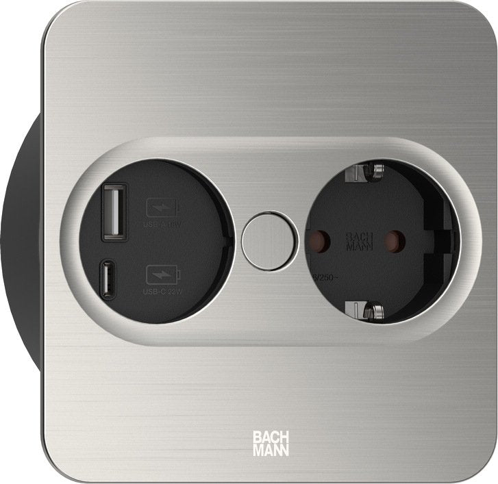 Toma De Corriente Empotrable Bachmann Twist 2, Cuadrada, 2 Vías, Cargador Usb De Acero Inoxidable, 1x Contacto De Protección, 1x Usb-A, 1x Usb-C 946005