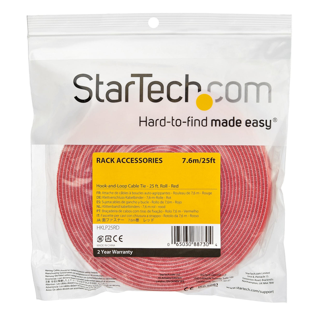 Startech.Com Velcro  7,5m - Bobina De Gancho Y Bucle - Rojo