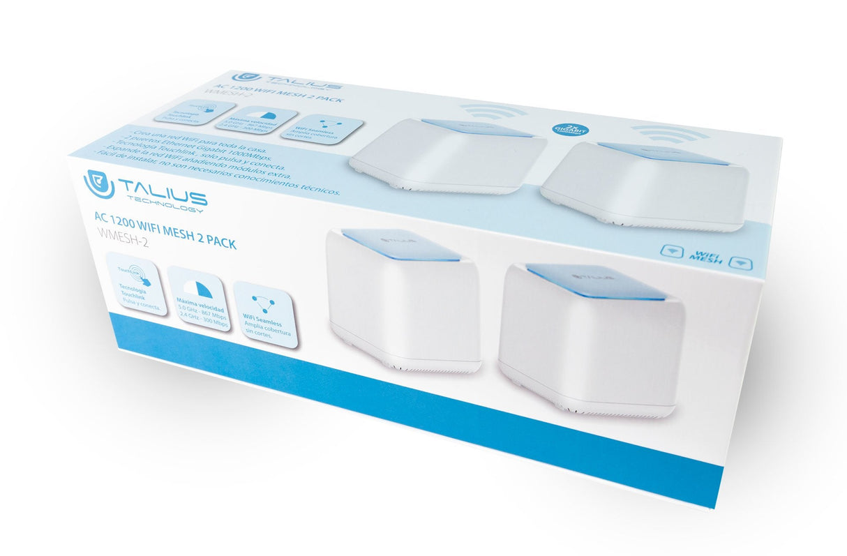 Talius Sistema Wifi Mesh Pack 2 Dispositivos Ac 1200 Gigalan Dual Band - Sensor Tactil - 1x Lan, 1x Wan - Color Blanco/Azul