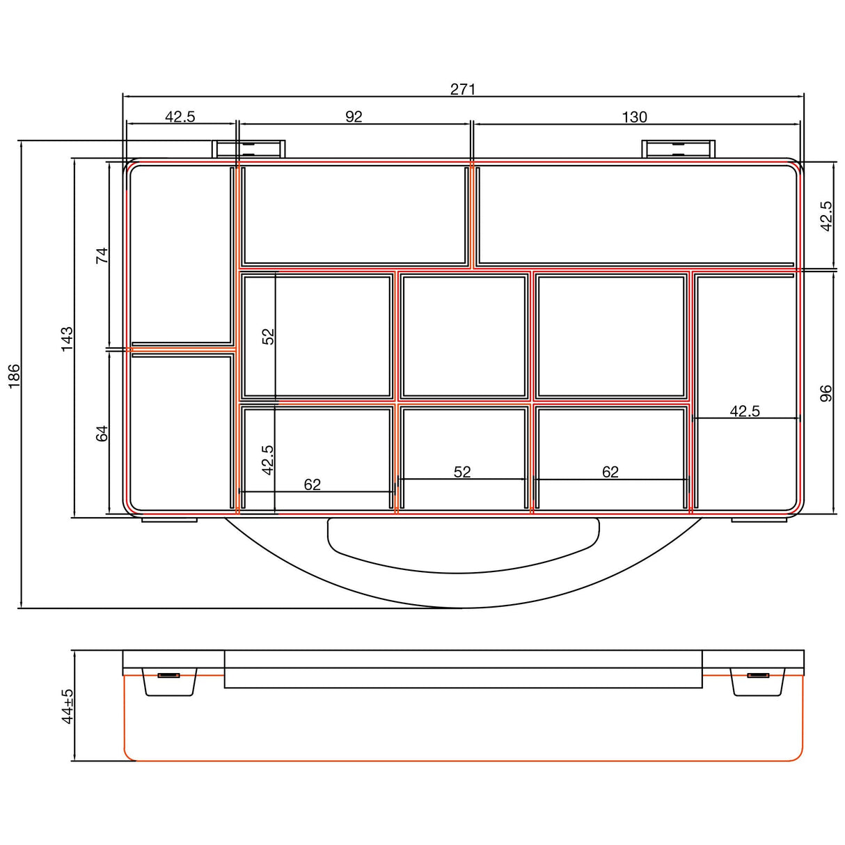 Inline® Small Components Box, 11 Compartments, 271x186x40mm, Orange