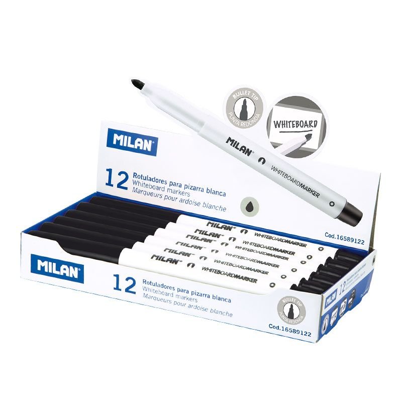 Caja De 12 Rotuladores Negros Ø3,7mm Para Pizarra Blanca Milan