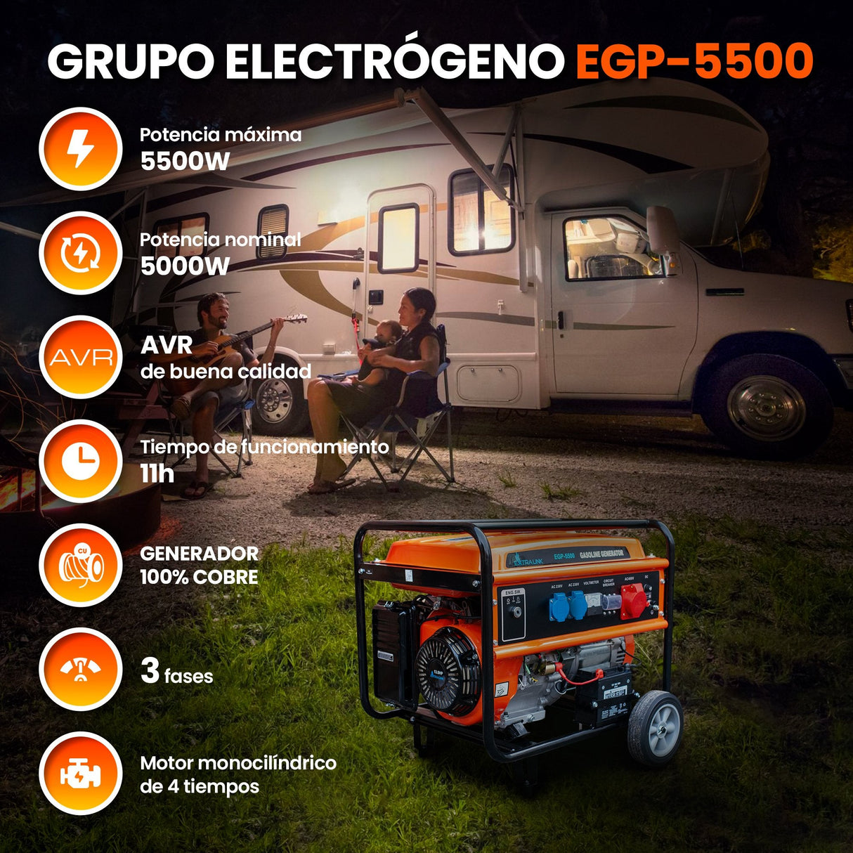 Extralink Ex.30356 Motor-Generador 5000 W 25 L Gasolina Negro, Naranja