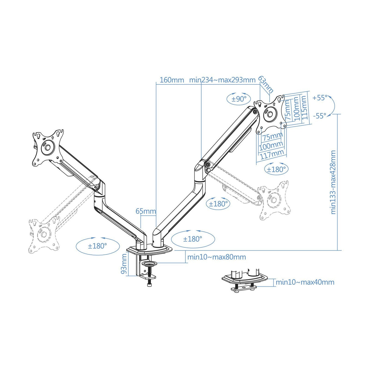 Tooq Soporte Mesa Pantallas Giratorio Inclinacion 2 Brazos 17-32" - Gris
