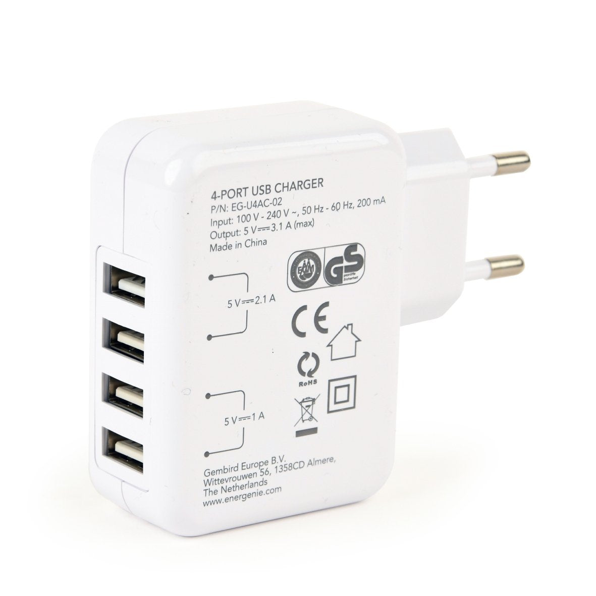 Gembird Cargador Usb Universal, 3.1 A, 4 Puertos Blanco