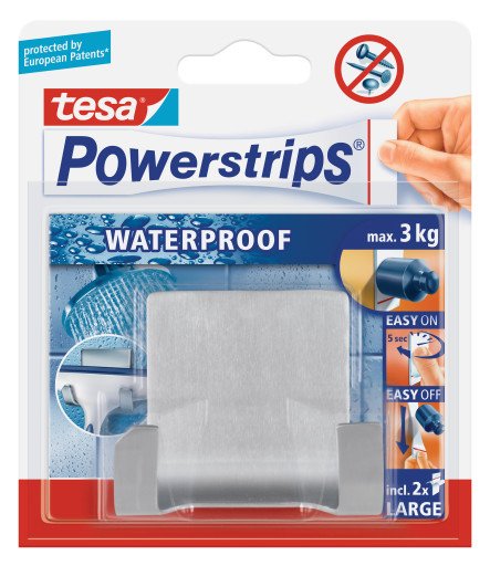 Tesa Gancho Adhesivo Doble (Acero) + Tiras, Resistentes Al Agua
