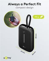 Goobay Powerbank 10.000 Mah, Integriertes Usb-C Cable 13cm, 20 Watt (Negro, 10 Ah, 1x Usb-A, 2x Usb-C, Pd, Qc) 76251