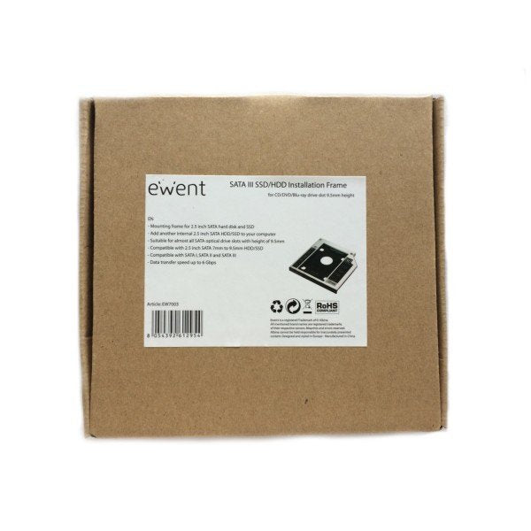 Ewent Sata Iii Ssd/Hdd Installation Frame For Cd/Dvd/Blu-Ray Drive Ewent Ew7003, Acrilonitrilo Butadieno Estireno (Abs), Aluminio, Negro, Blanco, 2.5", 129 Mm, 128 Mm, 9,5 Mm