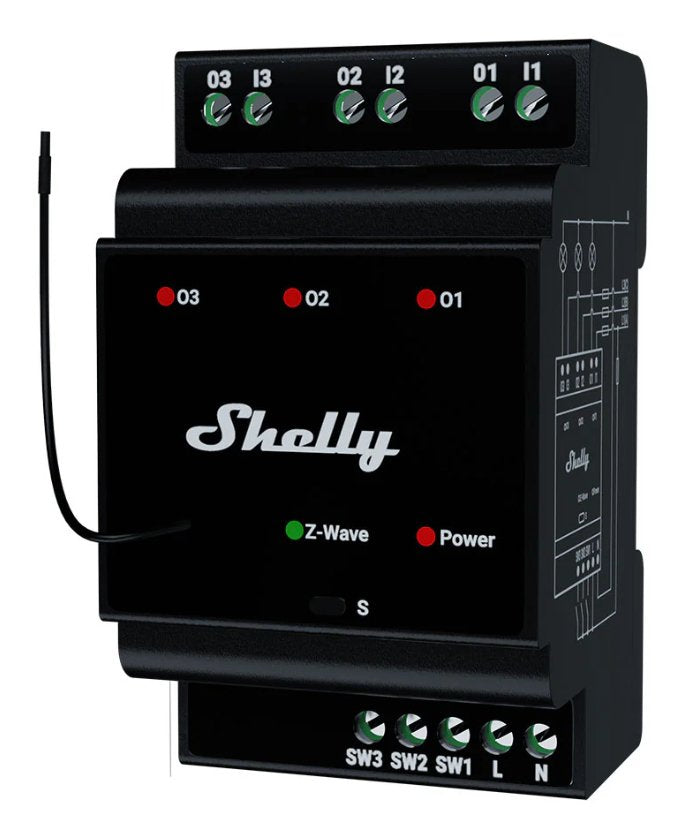 Shelly · Hutschiene · \"Wave Pro 3\" · Relais · Max. 48 A · 3 Phasen · 3x 16a · Z-Wave