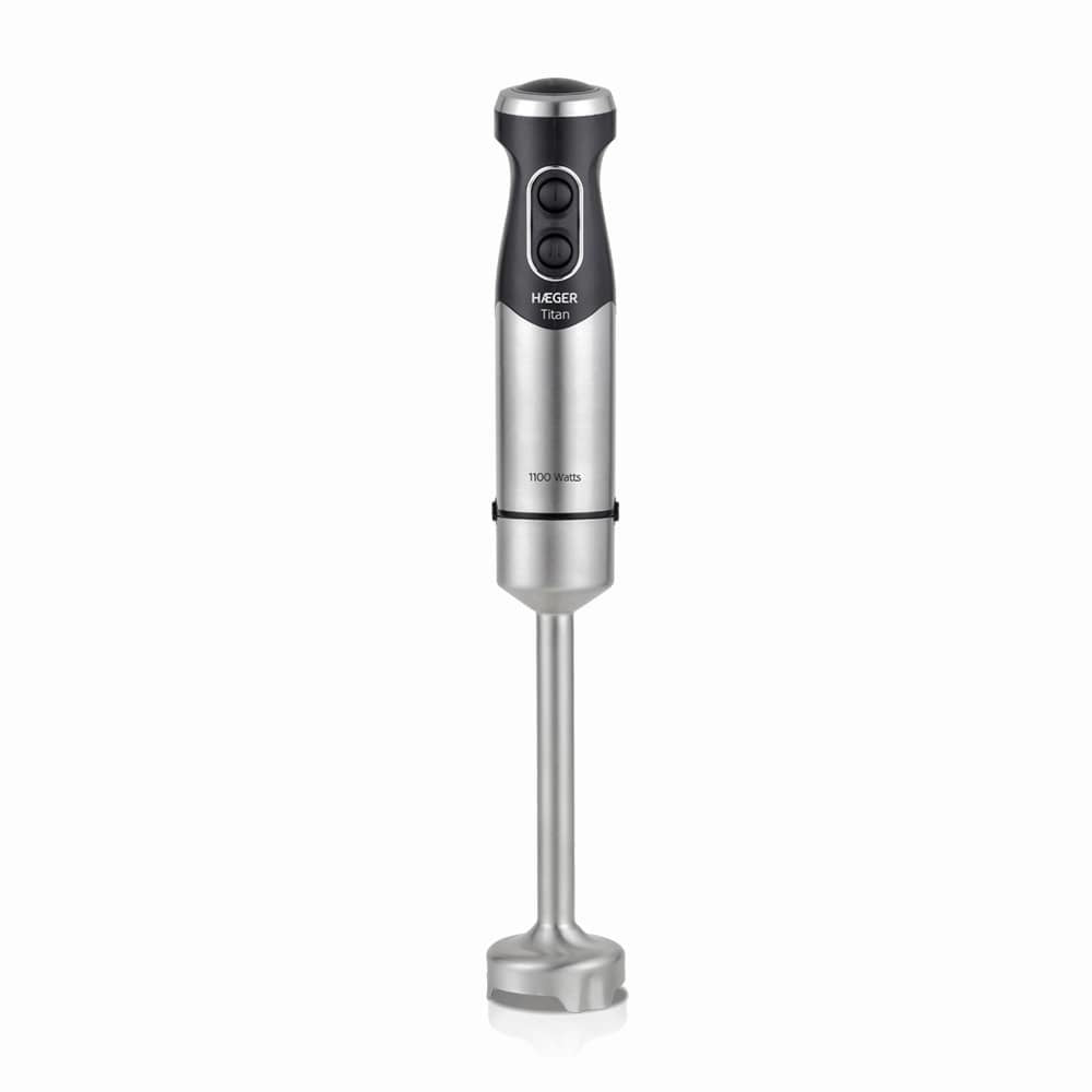 Batidora Haeger Titán 1100w 2 Interruptores Toque Fácil Función Turbo Eje Desmontable Pie Acero Inox Hoja Titanio 5.4cm
