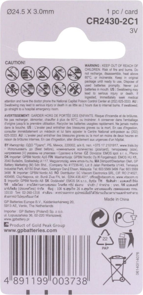 EAN 4891199003738 - GP Batteries Lithium Cell Lithium CR2430 - 1 Batería de un solo uso Litio imagen 5