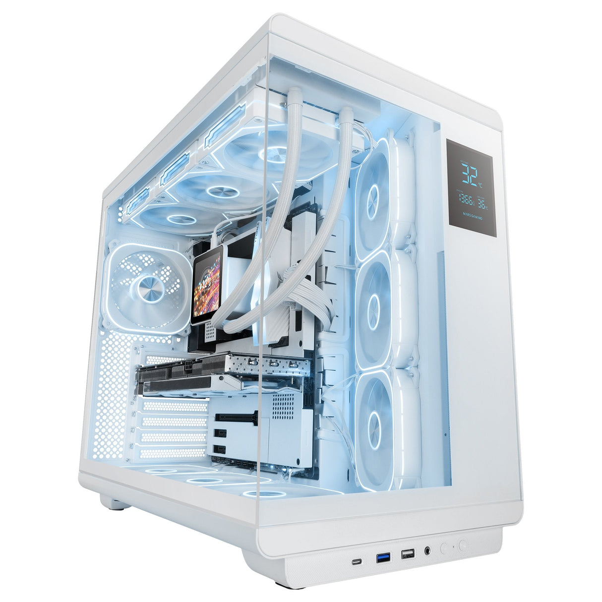Caja Pc  Atx Mars Gaming Mc-Revpro Pantalla Lcd 4.3" Cristal Templado 4x Ventiladores Argb Blanco