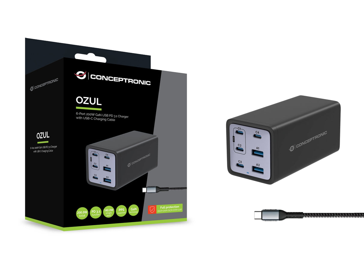 Conceptronic Cargador 4port 200w,4xusb-C,2xusb-A +3-In-1 Sw