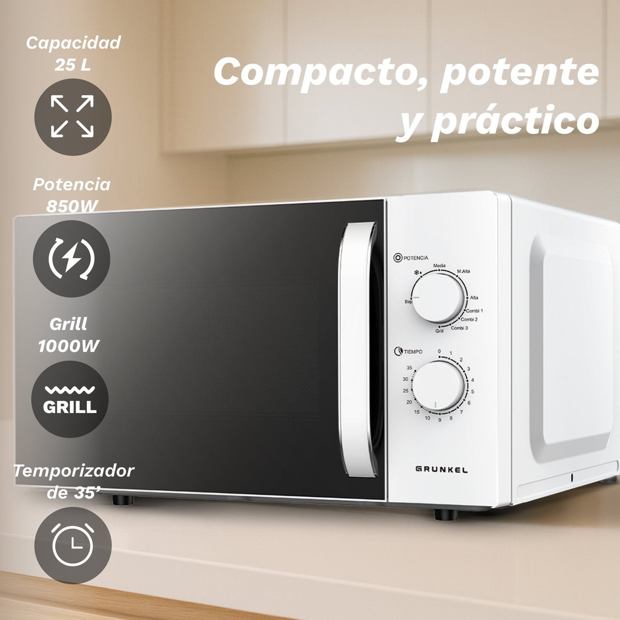 Microondas Grunkel Mwg-25grill 850w Capacidad 25l Funcion Grill Blanco