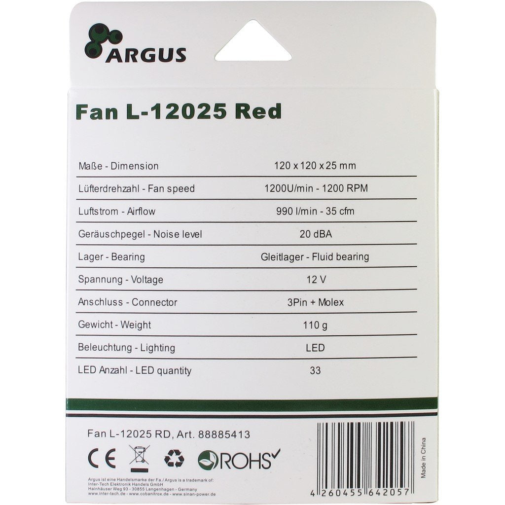 Inter-Tech L-12025 Carcasa Del Ordenador Ventilador 12 Cm Negro, Rojo