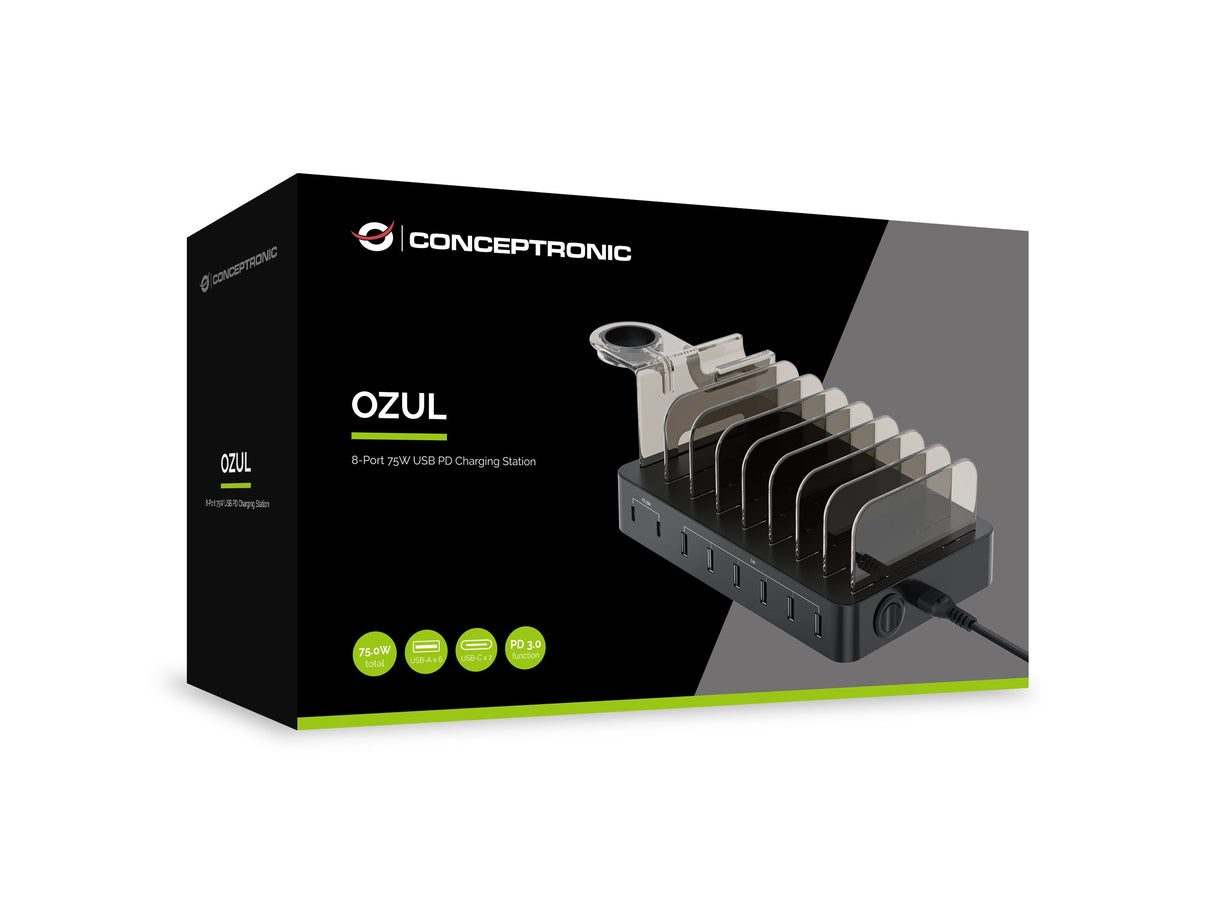 Cargador Conceptronic De 8 Puertos 75w, 2xusb-C / 6xusb-A Pd Sobremesa