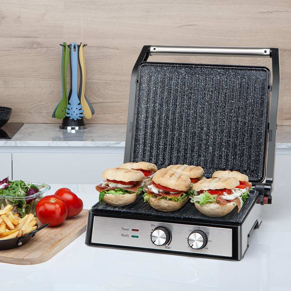 Orbegozo 4580 Grill Multifuncion - Cocina Sin Aceite Con Potencia De 2000w - Amplia Superficie De Coccion Abatible -