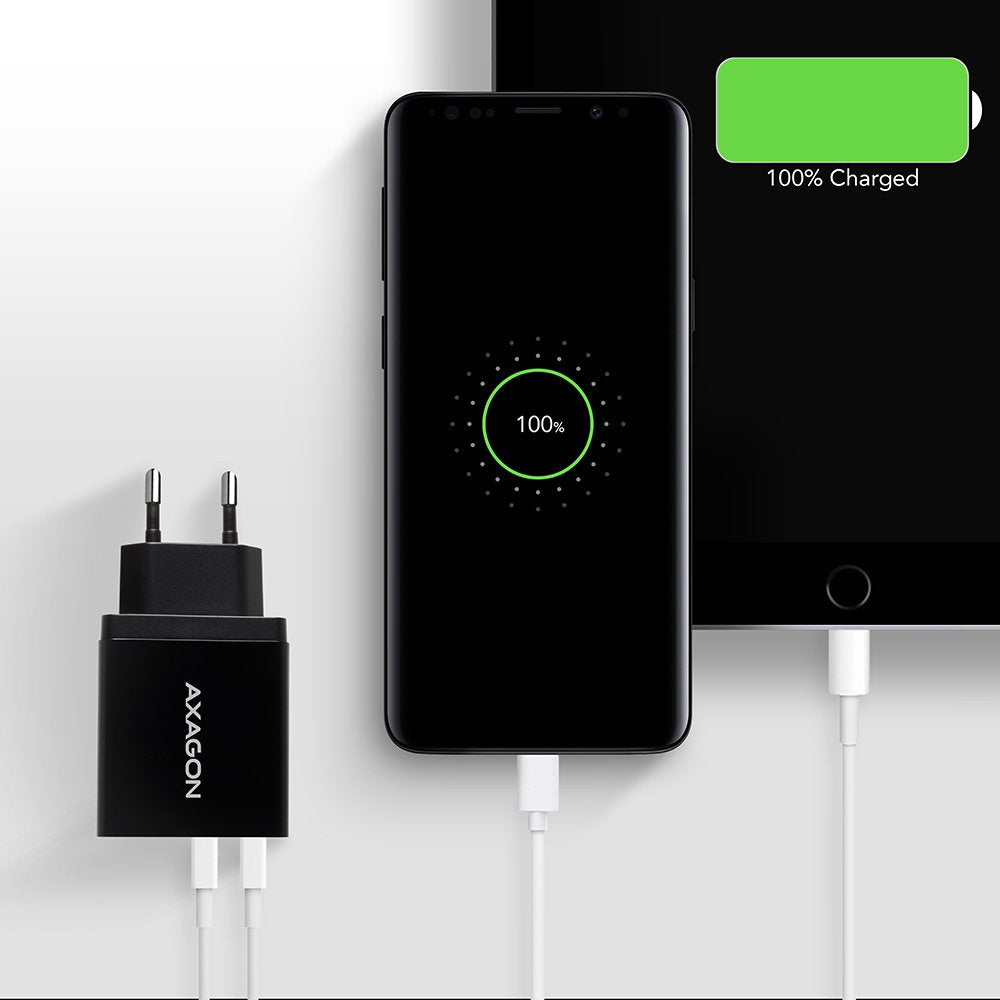 Axagon Acu-Qs24, Cargador De Red RãPido E Inteligente, 2x Puerto Usb Qc3.0 / Afc / Fcp + 5v-1.2a, 24w