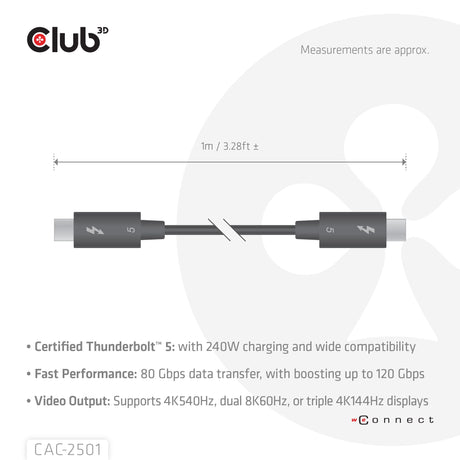 EAN 8719214473280 - CLUB3D CAC-2501 cable Thunderbolt 1 m 120 Gbit/s Negro imagen 4