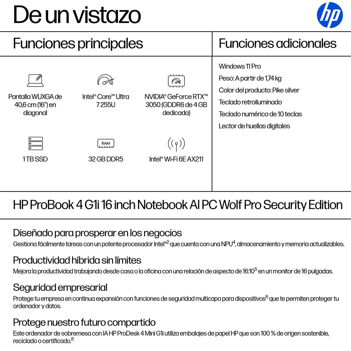EAN 0199251610141 - HP ProBook 4 G1i AI Wolf Pro Security Edition Intel Core Ultra 7 255U Portátil 40,6 cm (16") WUXGA 32 GB  imagen 4