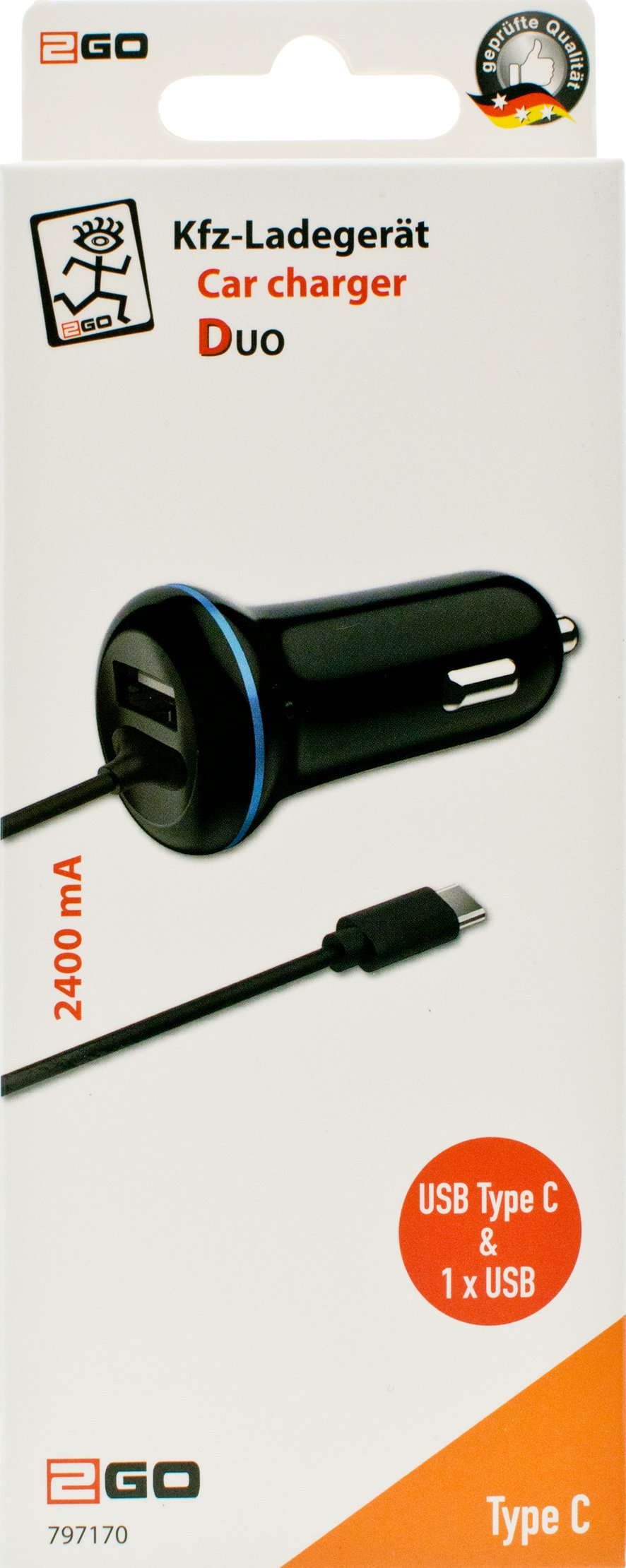 Cargador De Coche Usb 2go Tipo C 12v/24v 2.4a, Negro