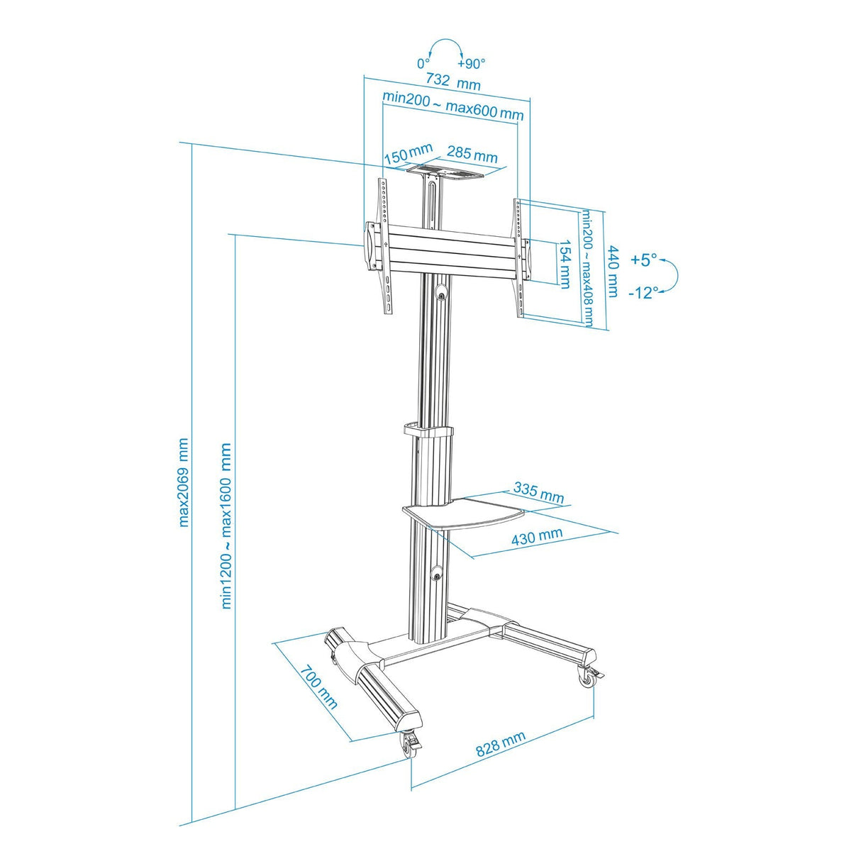 Tooq Soporte De Pantalla De Suelo Con Ruedas 37"-70" - Bloqueo De Ruedas - Dos Estantes - Gestion De Cables - Peso Max