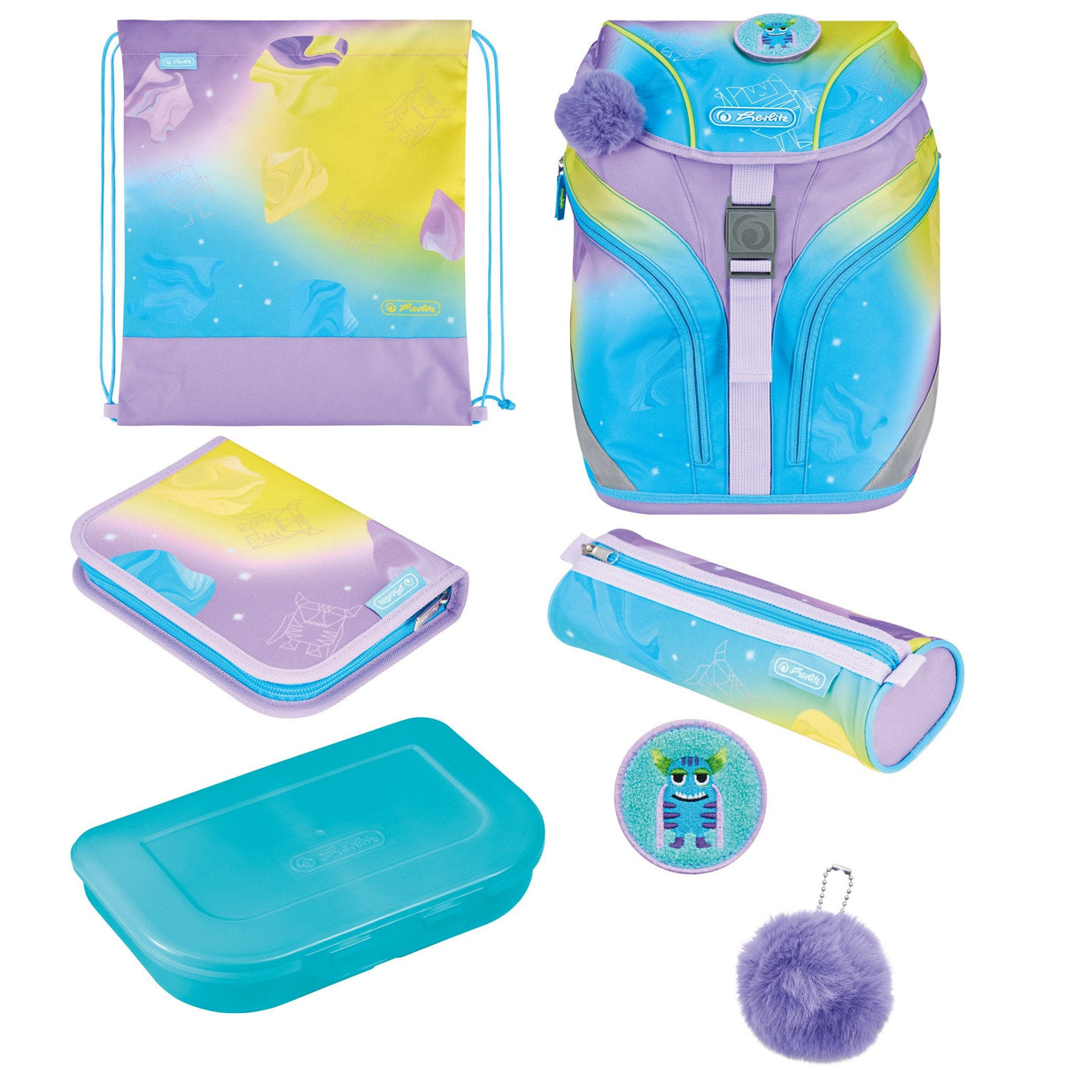Herlitz Softlight Greenline Little Monster Juego De Mochila Escolar Chica Poliéster Azul, Lila, Amarillo