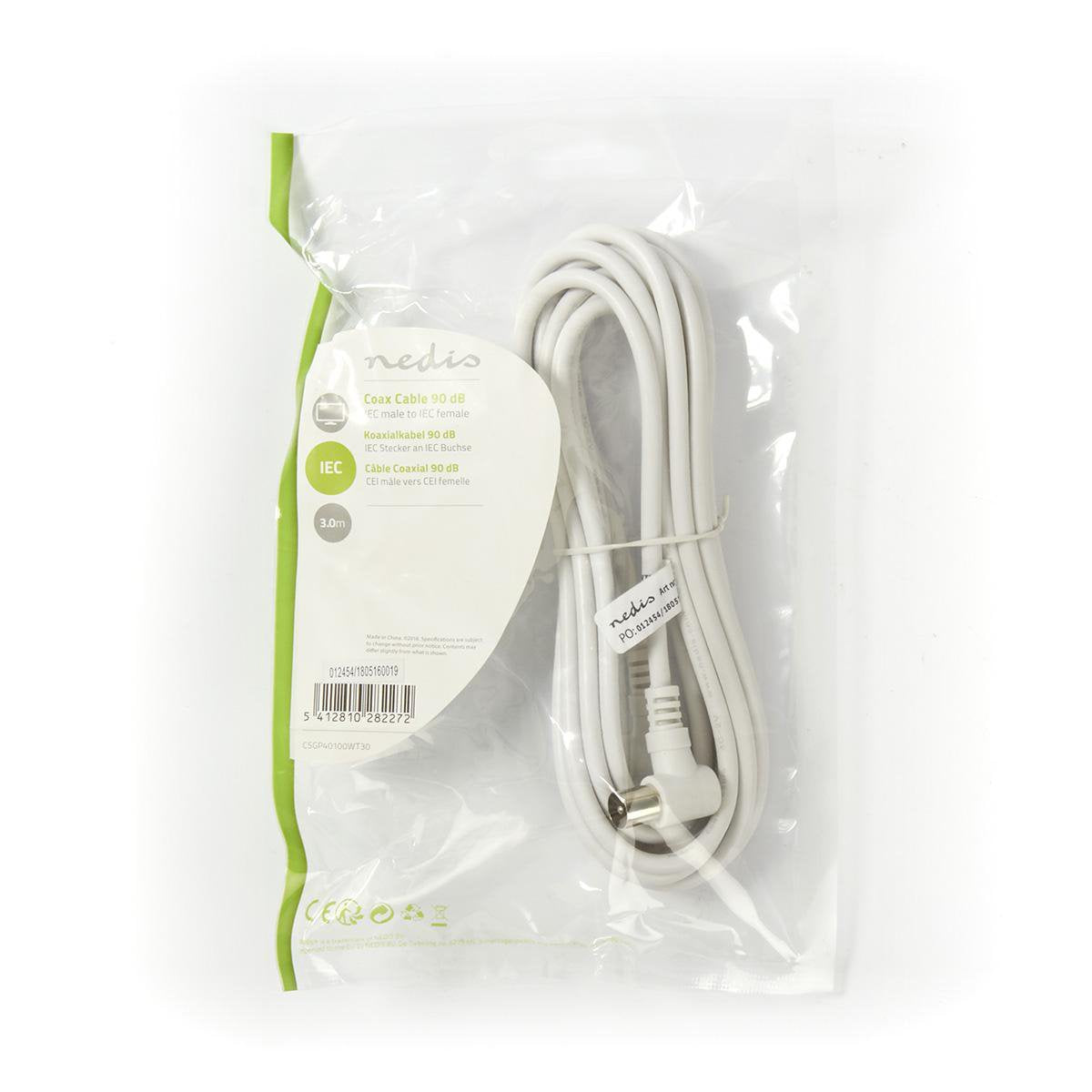 Nedis Cable Coaxial De 90 Db  Iec (Coaxial) Macho En Ángulo - Iec (Coaxial) Hembra En Ángulo  3m