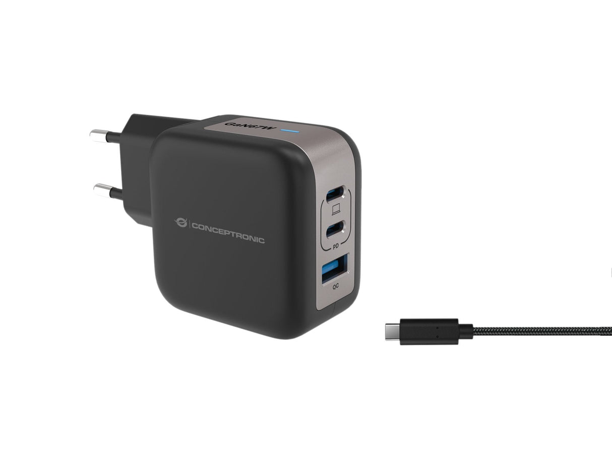 Conceptronic Cargador 3port 67w,2xusb-C,1xusb-A 1.5m Sw
